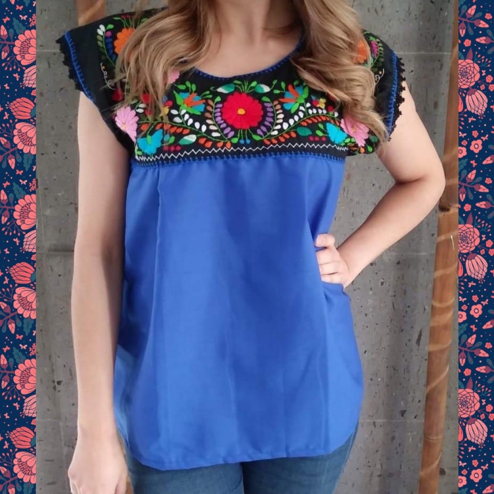 Mexican Floral Embroidered Blue Blouse